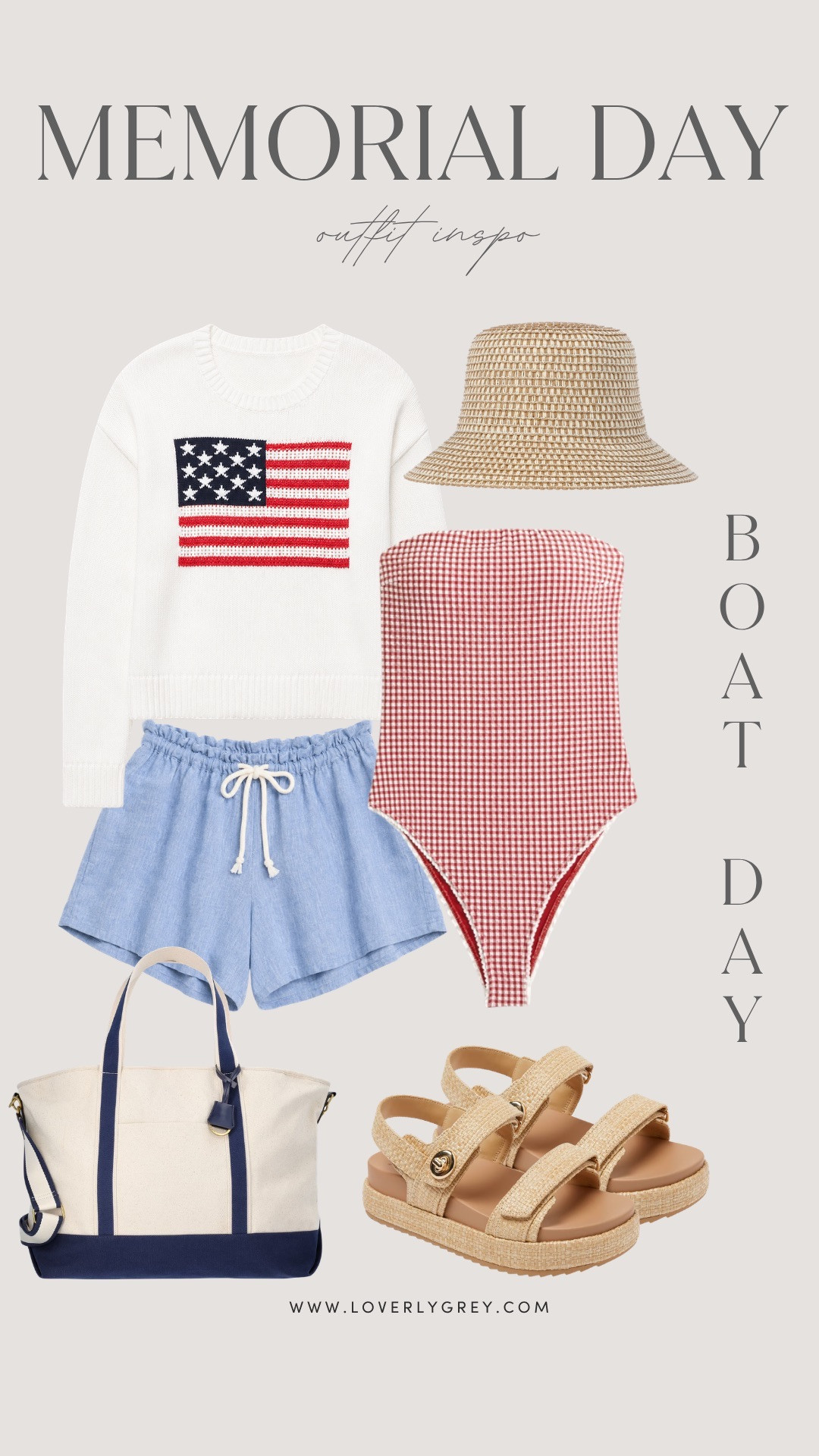 Boat day, but make it chic 🤍🇺🇸 Flag knit, gingham swim, and breezy chambray for the perfect coastal Memorial Day look.

loverly grey, memorial day outfit, boat day outfit, gingham swimsuit, flag sweater, chambray shorts, coastal style, lake day look, summer outfit inspo, raffia sandals 

 #LTKSeasonal #LTKSwim #LTKTravel