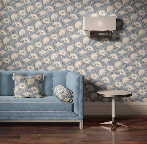 Vintage Poppy Wallpaper in Cream Slate Blue Beige Grey | Etsy | Etsy (US)