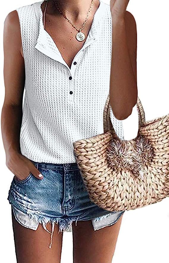 MOLERANI Womens Waffle Knit Tunic Tops V Neck Henley Tank Tops Sleeveless Button Up Shirts | Amazon (US)
