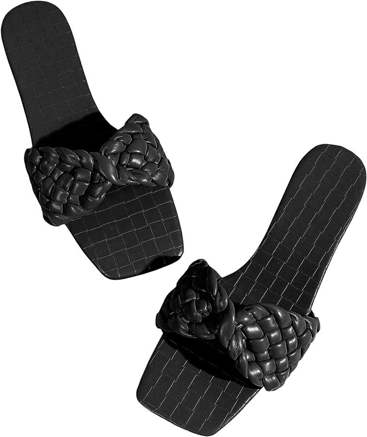 LAICIGO Women's Squared Open Toe Slide Sandals Braided Single Strap Leather Low Heel Flat Shoes | Amazon (US)