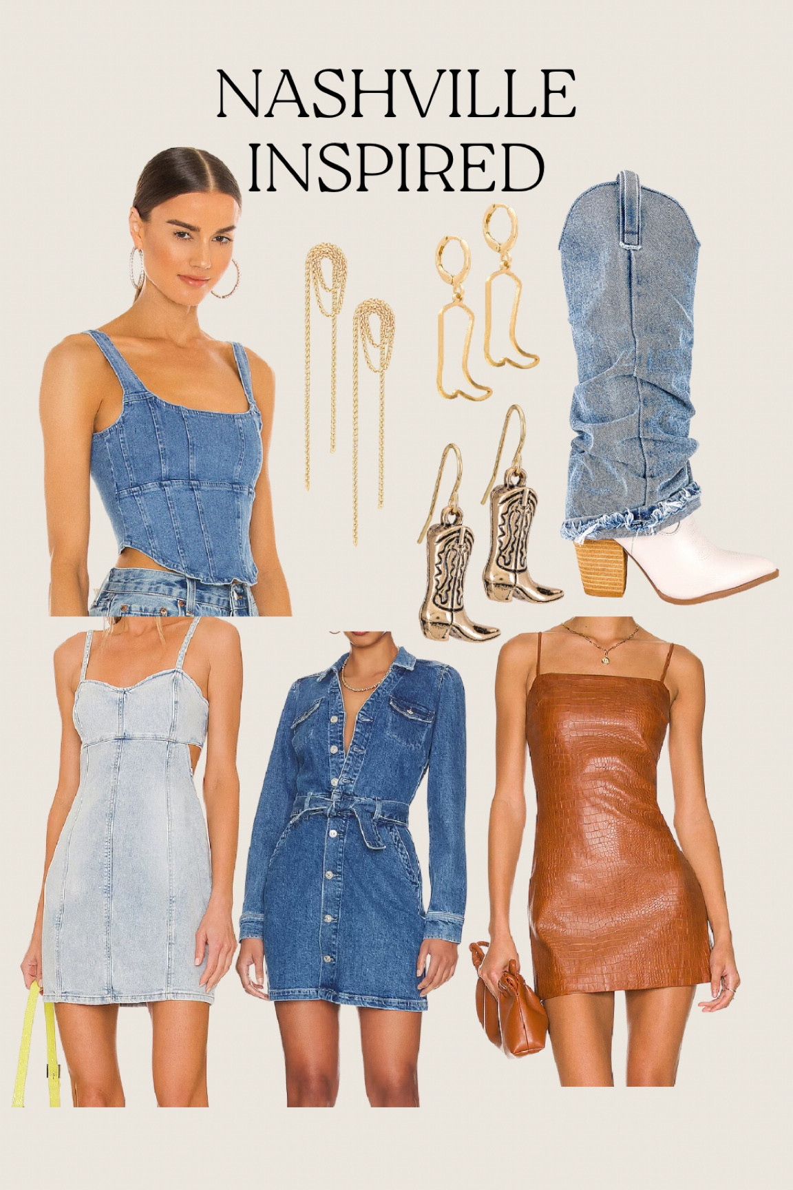 Nashville inspired
#nash #nashvilleoutfits #nashvilleinspired #boots #cowboyboots #jeandress #earrings #bootie #jewelry #nashvillejewelry