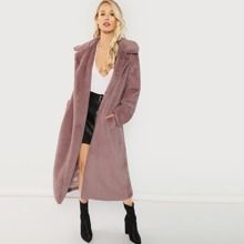 Open Front Longline Faux Fur Teddy Coat | SHEIN