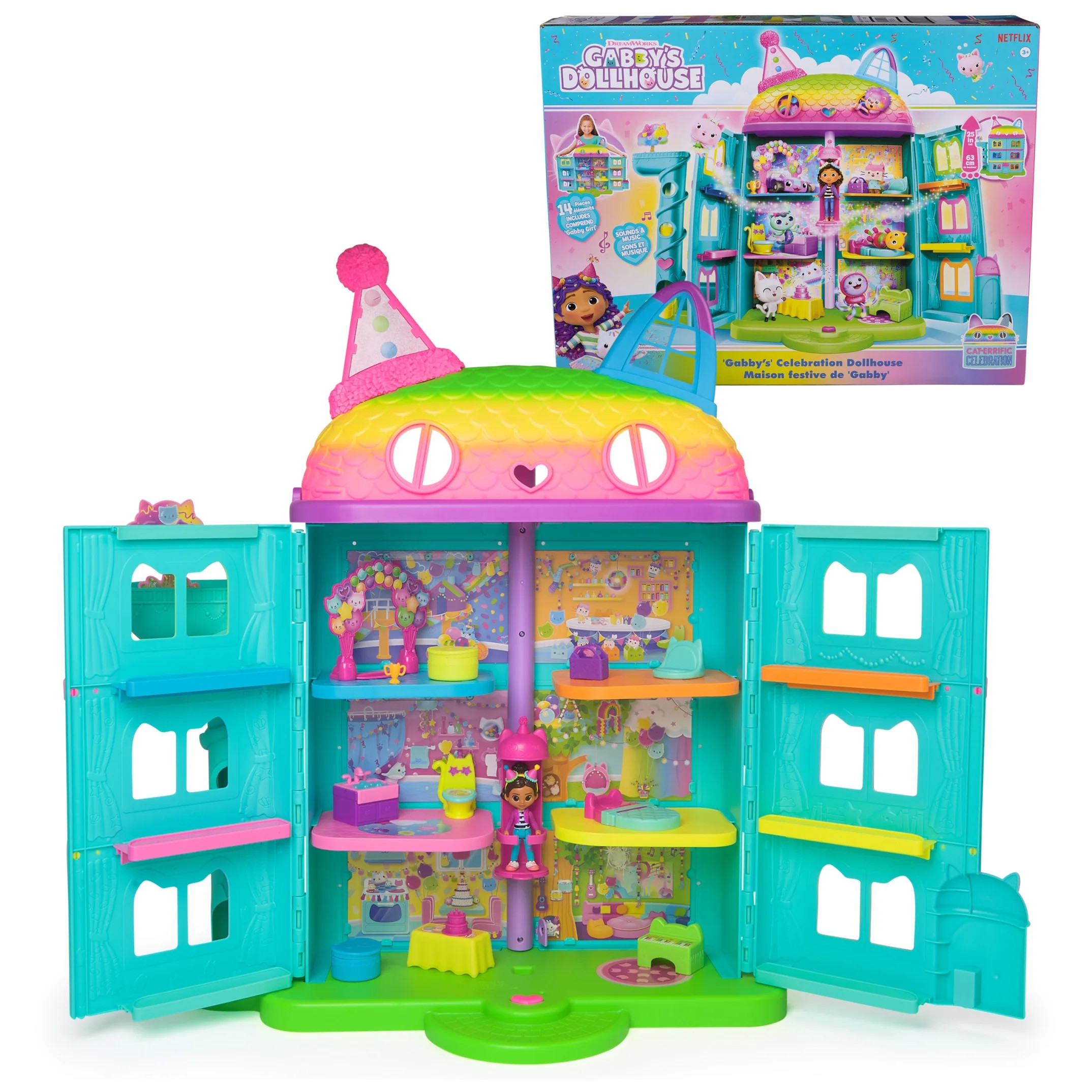 Gabby’s Dollhouse, 25" Tall Celebration Dollhouse with Toy Figures, Furniture & Sound Effects | Walmart (US)