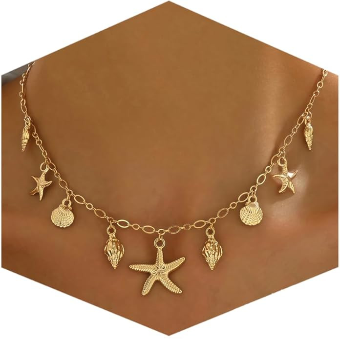Shell Starfish Necklace for Women, 14k Gold Plated Boho Layered Beaded Charm Pendant Necklace, Da... | Amazon (US)
