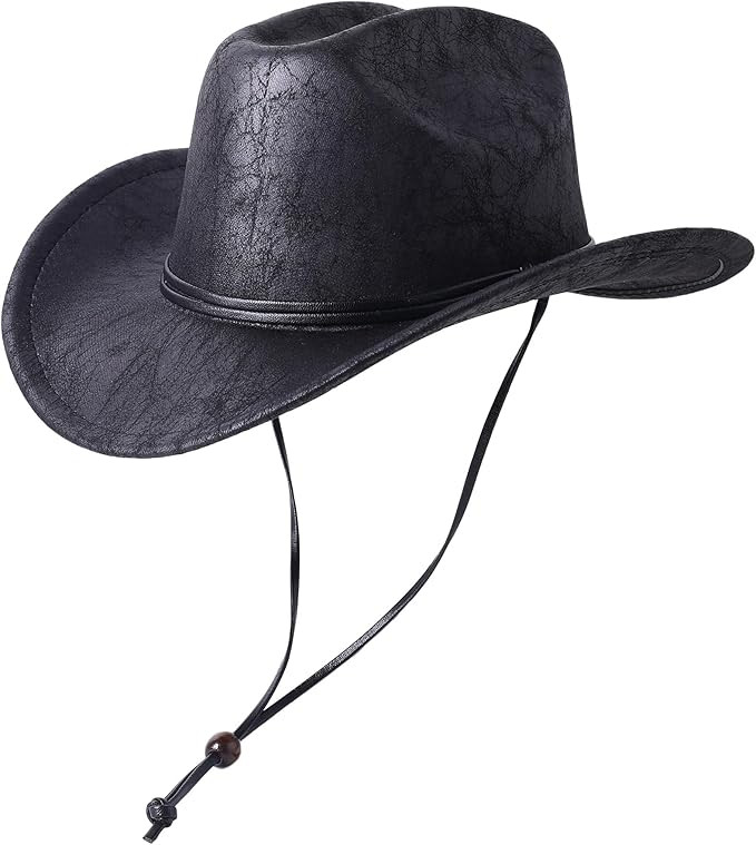 Lanzom Women Men Leather Western Hat Cowboy Hat Cowgirl hat Wide Brim Hat with Lanyard | Amazon (US)