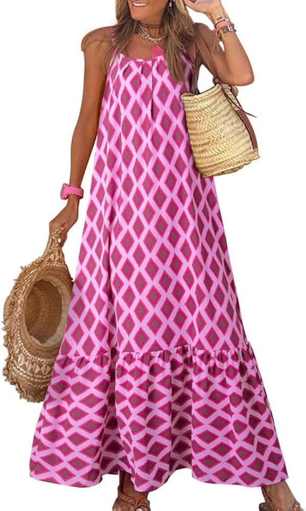 Dokotoo Women Summer Dresses 2024 Spaghetti Strap Scoop Neck Smocked Ruffle Flowy Boho Maxi Dress | Amazon (US)