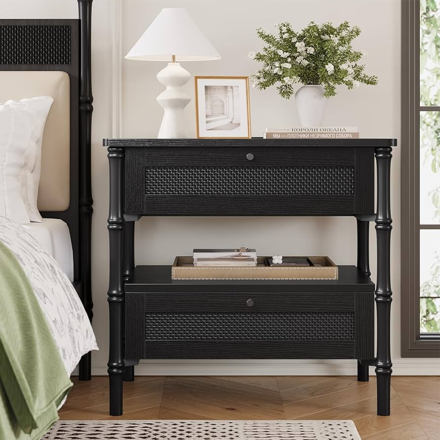 ADORNEVE Rattan Nightstand with Charging Station,Wide Night Stand with Turned Legs,Bedside Table ... | Amazon (US)