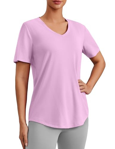 PINSPARK UPF 50 Sun Protection Shirts for Women Short Sleeve V Neck Hiking Tops Moisture Wicking UV Outdoor T-Shirts Quick Dry,Light Pink Small | Amazon (US)