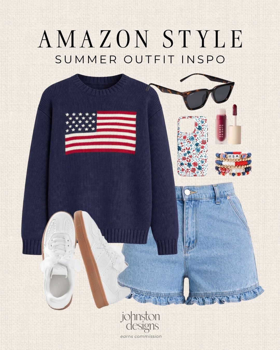 Amazon summer outfit inspo with red, white and blue finds for the holiday weekend. 🇺🇸

Amazon style, summer outfit, patriotic outfit, flag sweater, denim shorts, white sneakers, sunglasses, phone case, lip gloss, bracelet stack, Fourth of July, Memorial Day, casual look, weekend style, affordable fashion 

 #LTKootd #LTKSeasonal