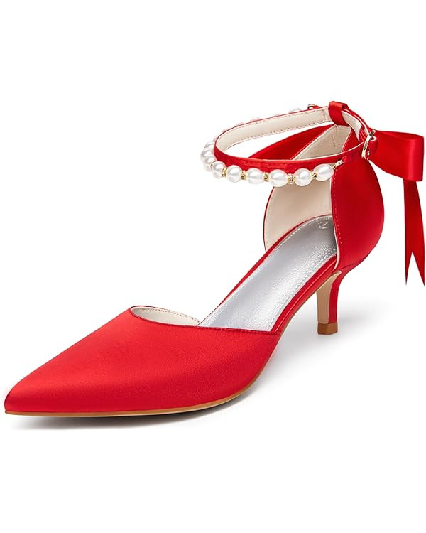 Coutgo Womens Pearl Ankle Strap Pumps Low Kitten Heel D'Orsay Satin Back Tieknot Heels Pointed To... | Amazon (US)