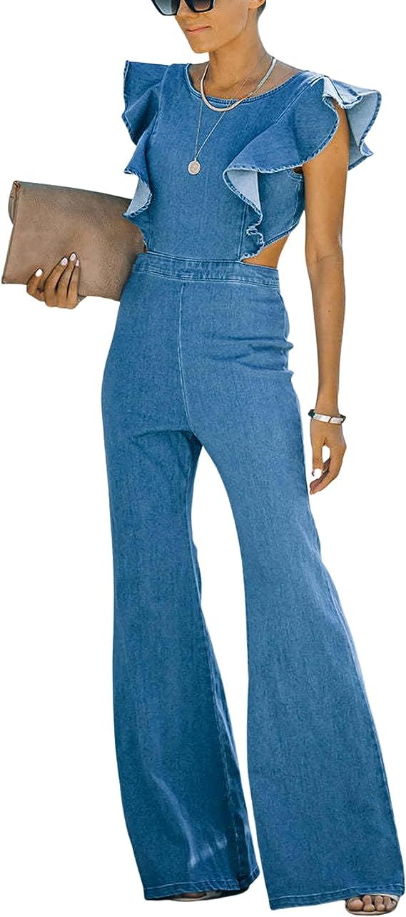 Ynhonra Women's Flared Trousers Sleeveless Denim Jumpsuit Zip Up Tank Jean Overall Rompers | Amazon (US)