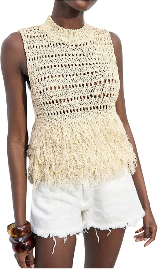 MakeMeChic Women's Crochet Tank Top Fringe Hem Mock Neck Sleeveless Summer Boho Knit Tops | Amazon (US)