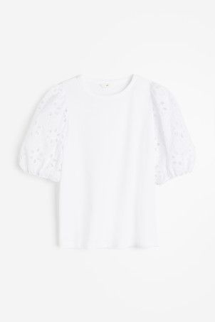 Top with Eyelet Embroidered Sleeves - Round Neck - Short sleeve - Black - Ladies | H&M US | H&M (US + CA)