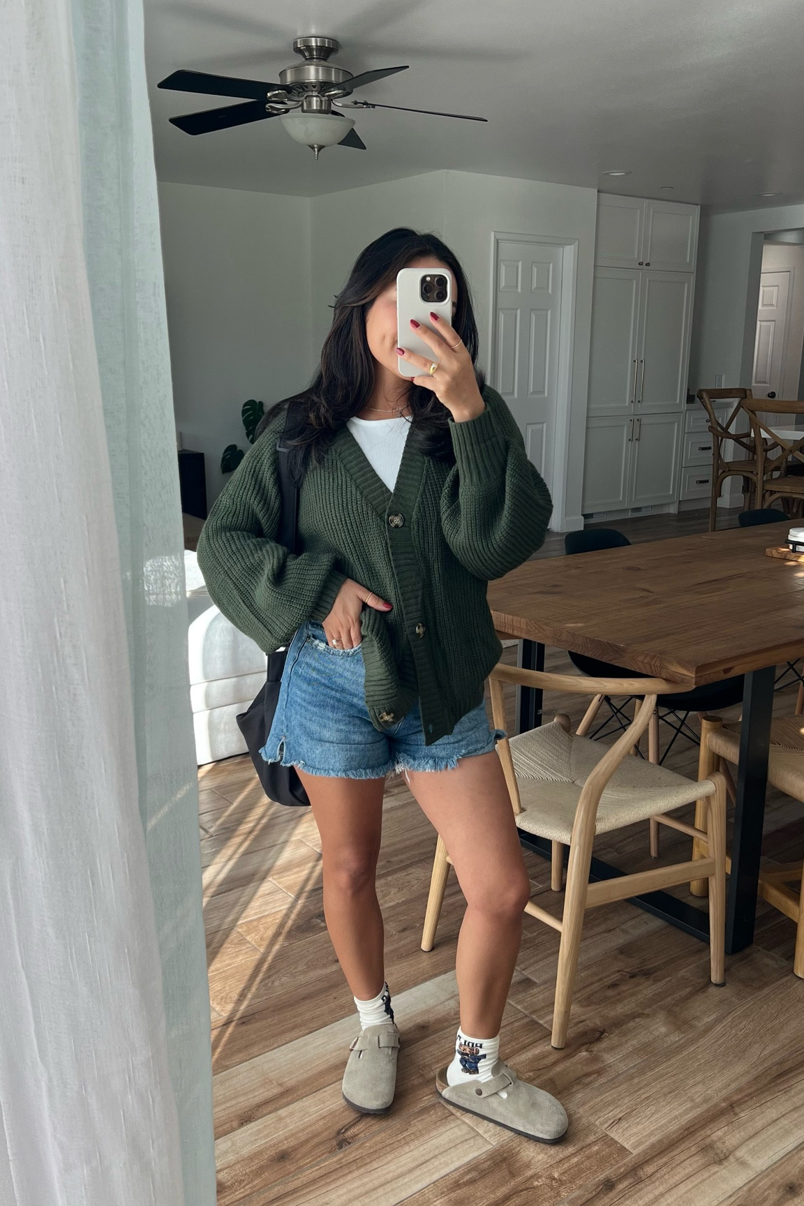 Easy pumpkin patch outfit. Wearing shorts and cardigan in small. 