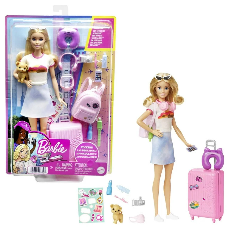 Barbie Doll and Accessories, 'Malibu' Travel Set with Puppy & Working Suitcase, 10+ Pieces | Walmart (US)