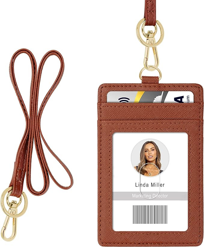 ID Badge Holder with Lanyard, Vertical PU Leather ID Badge Card Holder with 1 Clear ID Window, 4 ... | Amazon (US)