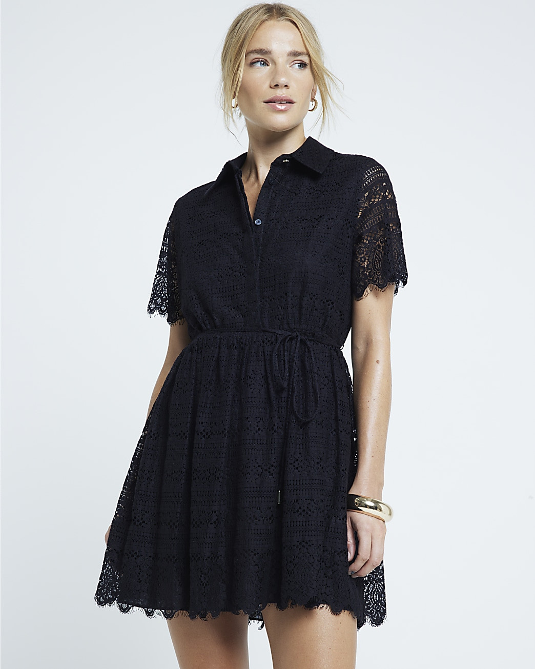 Black lace belted mini shirt dress | River Island (UK & IE)