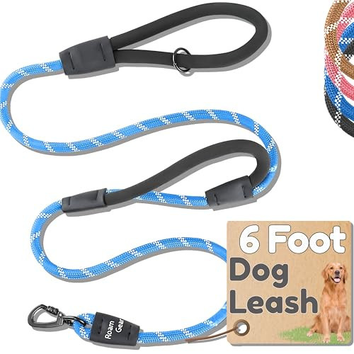 6 Foot Dog Leash, Two Extra Padded Handles, Locking Carabiner Clip, Reflective for Night Visibility, Weatherproof, Heavy Duty Rope Leash, Roam Gear (Blue) | Amazon (US)