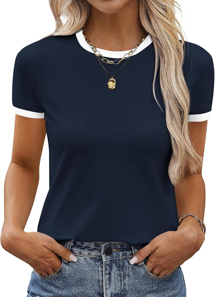 SOFIA'S CHOICE Ringer Tee Women Crew Neck Color Block Basic Summer Casual Short Sleeve T Shirt | Amazon (US)