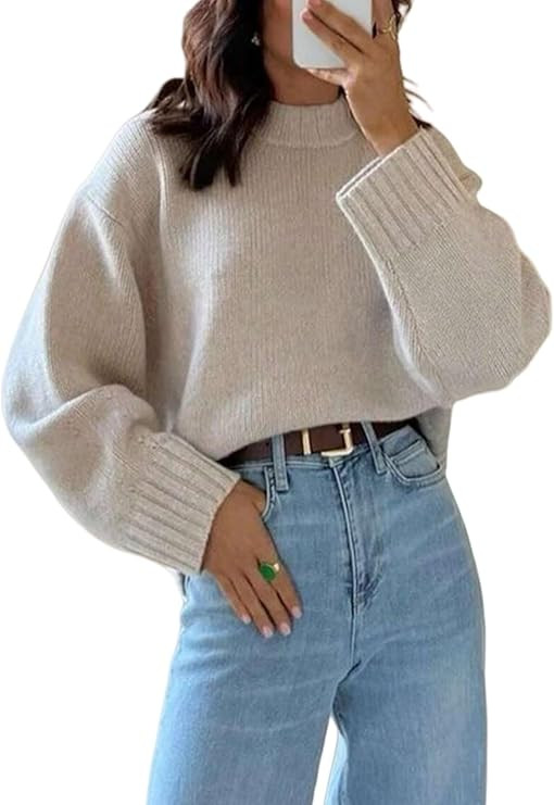 ZAFUL Crew Neck Casual Knit Sweater for Women Cropped Lantern Sleeves Ribbed Knit Pullover Sweate... | Amazon (US)