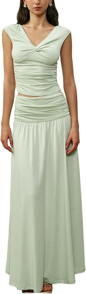 Two Piece Skirt Set for Women - Sexy Sleeveless Spaghetti Strap Pleated Tank Top Maxi Long Skirts... | Amazon (US)