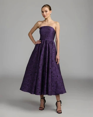 Ultra Violet Floral Brocade Strapless Midi Dress | Mac Duggal