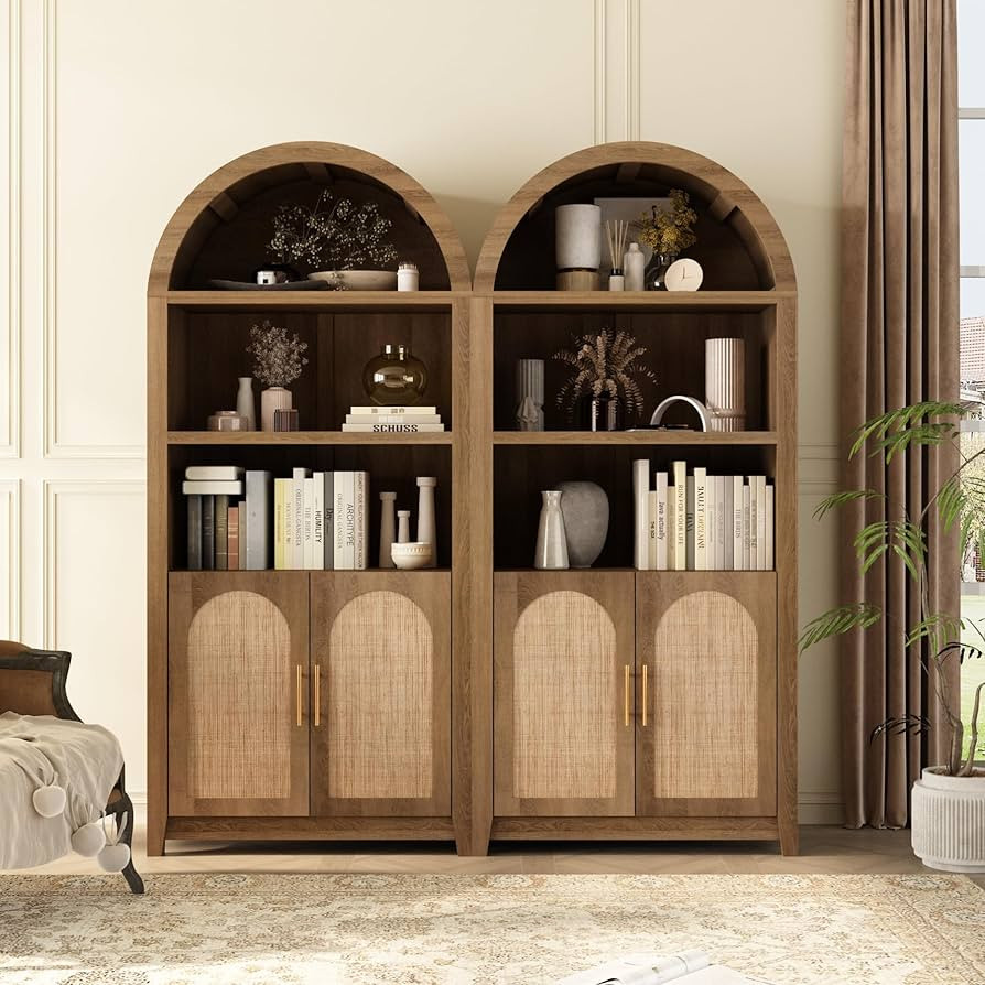Rattan Arched Cabinet Bookshelf - 69.3” Tall Mid Century Display Cabinet, Rounded Bookcase with... | Amazon (US)