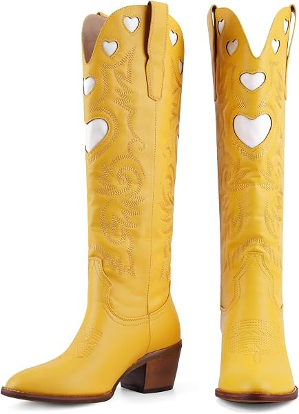 Knee High Boots for Women Heart Embroidered Western Boots Round Toe | Amazon (US)