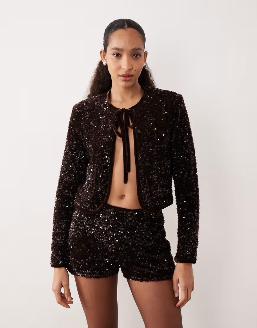 Mango sequin tie front jacket co-ord in chocolate-Brown | ASOS (Global)