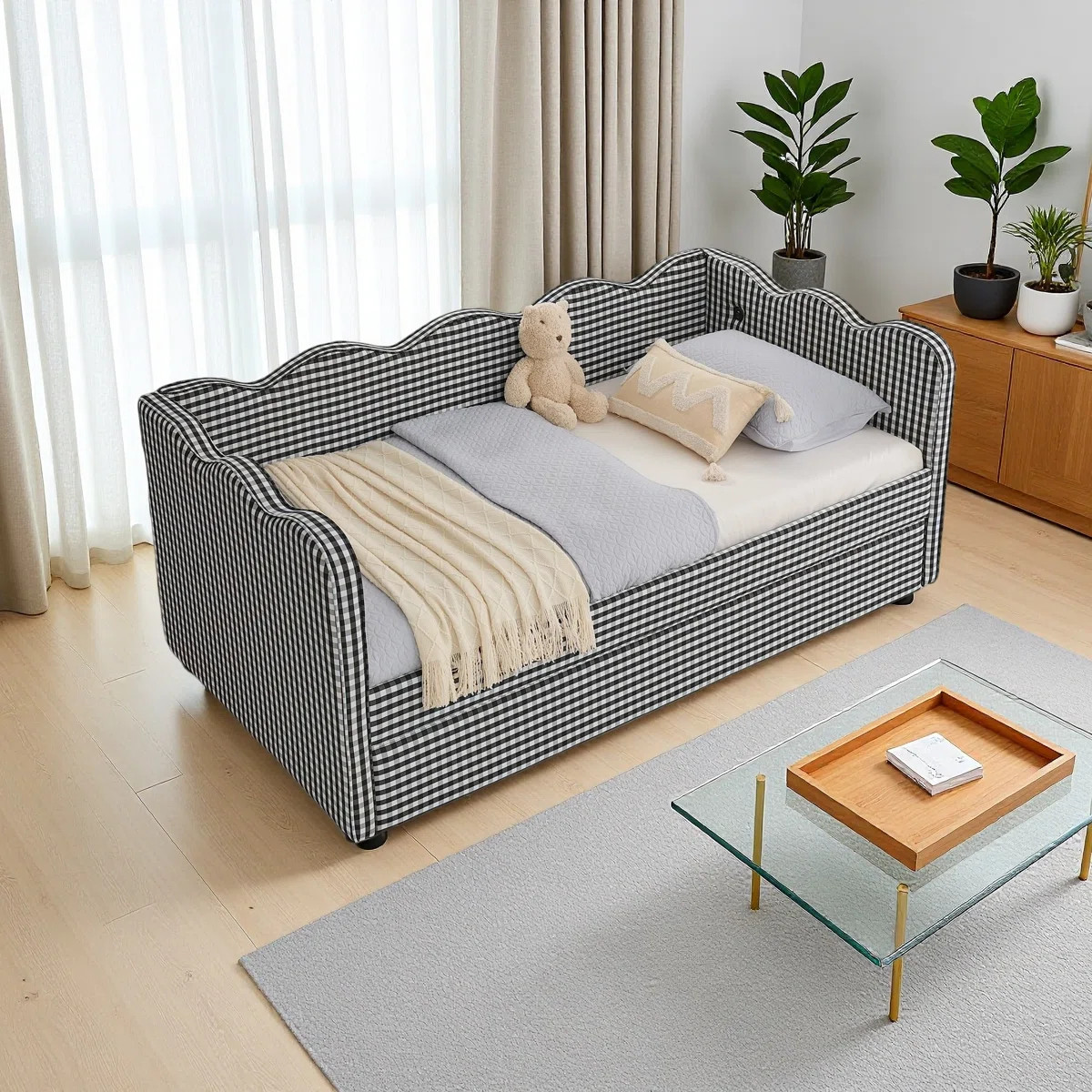 Cozy Gingham Daybed With Trundle Twin Size Sofa Bed No Box Spring Needed | Wayfair North America