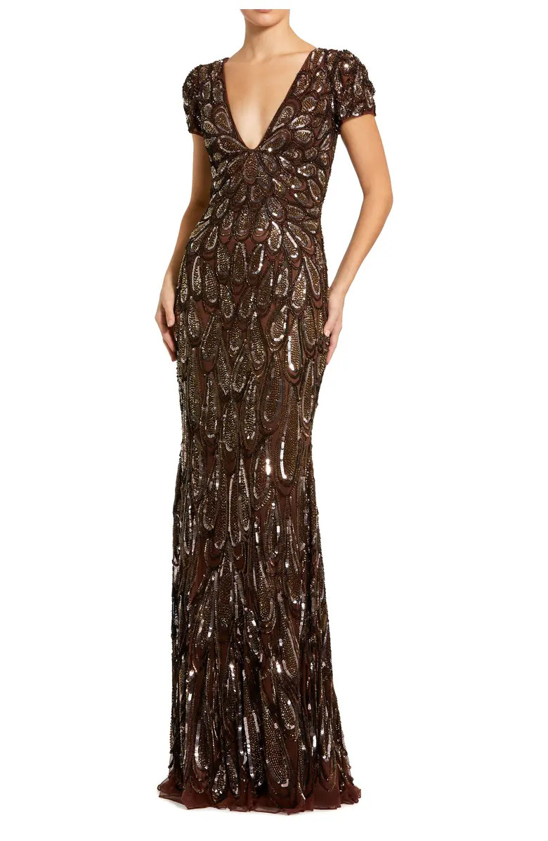 Beaded Embellished V Neck Cap Sleeve Column Gown | Nordstrom