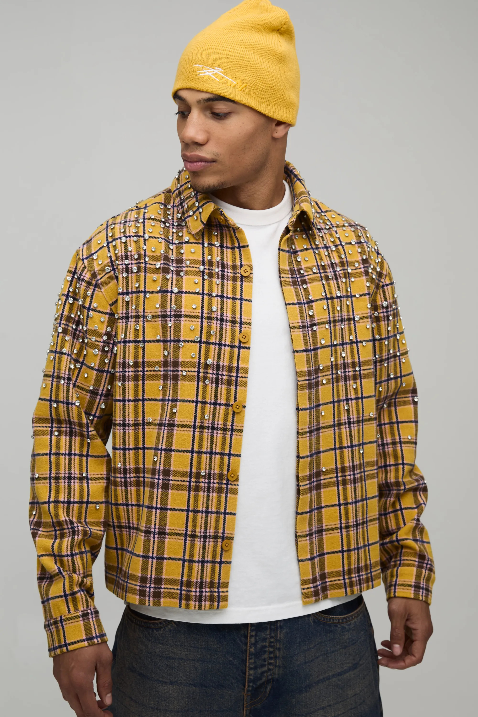 Oversized Boxy Jewel Rhinestone Check Shirt | boohooMAN (US & Canada)