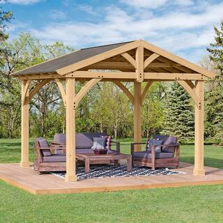 Yardistry Carolina 11 ft. x 13 ft. Premium Outdoor Cedar Backyard Patio Shade Pavilion with Brown... | The Home Depot