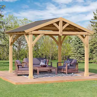 Yardistry Carolina 11 ft. x 13 ft. Premium Outdoor Cedar Backyard Patio Shade Pavilion with Brown... | The Home Depot