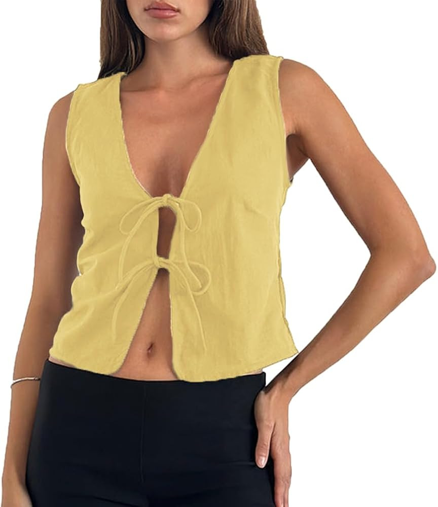 Women Trendy V Neck Bow Tie Front Top Vests Casual Solid Sleeveless Open Front Lace Up Cropped Ta... | Amazon (US)