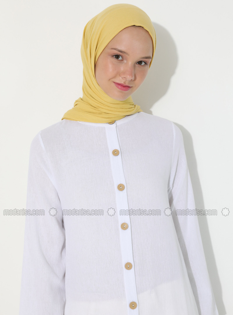 White - White - Ecru - Unlined - Crew neck - Cotton - Abaya | Modanisa (US)