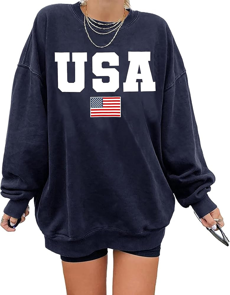 Oversized Usa Sweatshirt Women: Patriotic Tshirt 4th July Shirt Long Sleeve Casual Pullover Tops | Amazon (US)