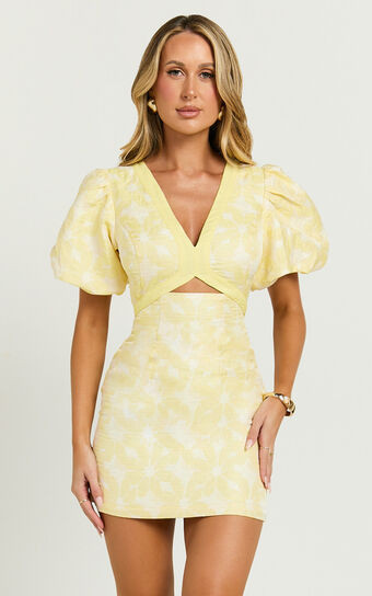 Diana Mini Dress - Jacquard Short Sleeve Cut Out Dress in Lemon | Showpo (US, UK & Europe)