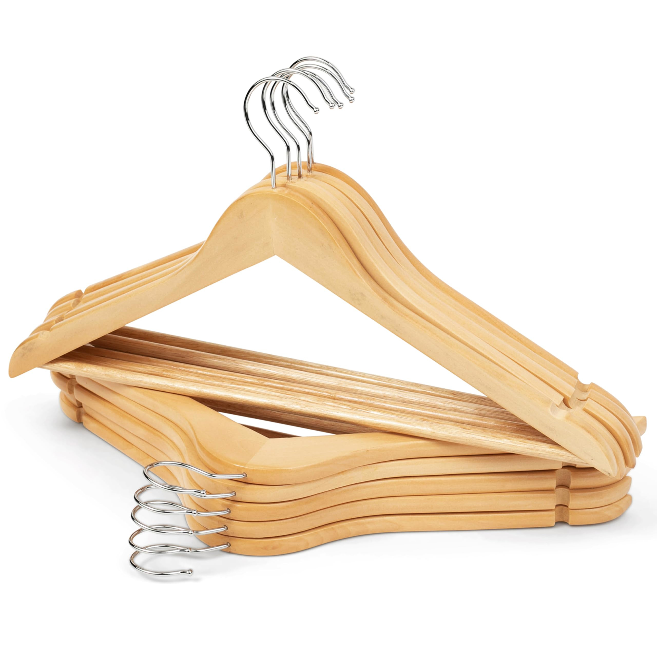 Wooden Clothes Hangers 10 Pack, Natural Wood Coat Hangers, Non-Slip Shoulder Grooves & Notches, 3... | Amazon (US)