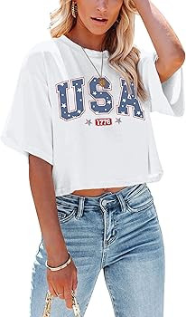 hohololo USA Crop Tops Women 4th of July Shirts Patriotic Shirt American Flag Tee Memorial Day Ts... | Amazon (US)