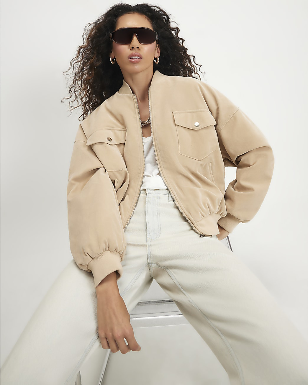 Cream Faux Suede Classic Bomber Jacket | River Island UK & IE