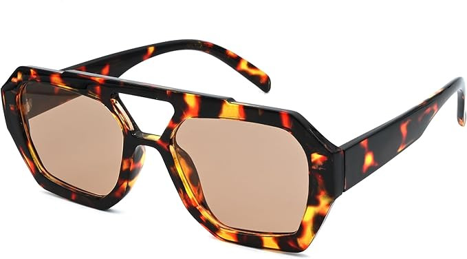 Onrtry Trendy Hexagonal Aviator Sunglasses for Women Thick Square Frame Double Bridge Sun Glasses | Amazon (US)