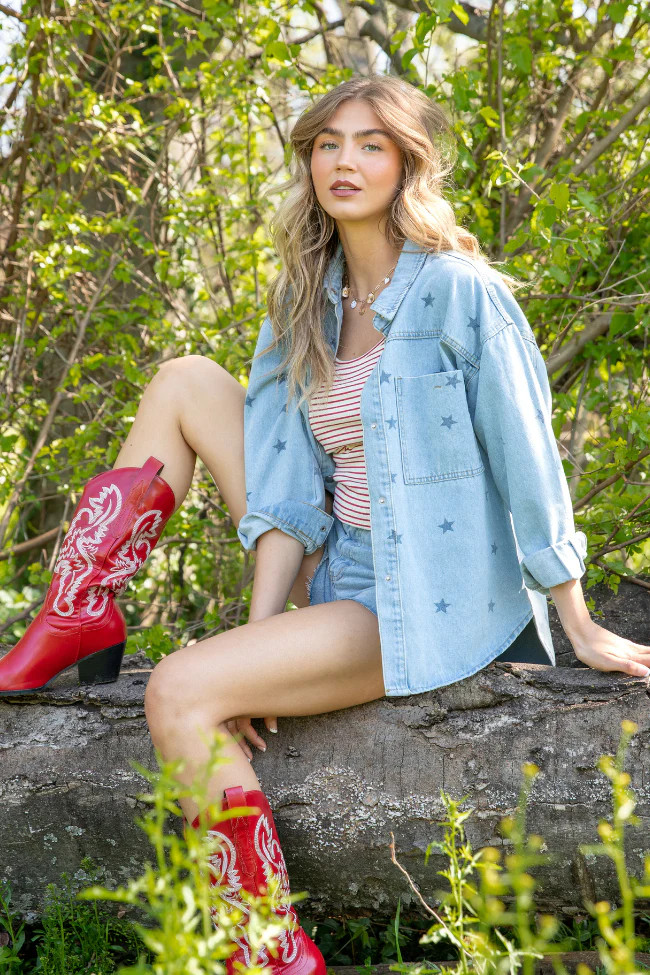 Born To Shine Star Denim Shirt | Pink Lily