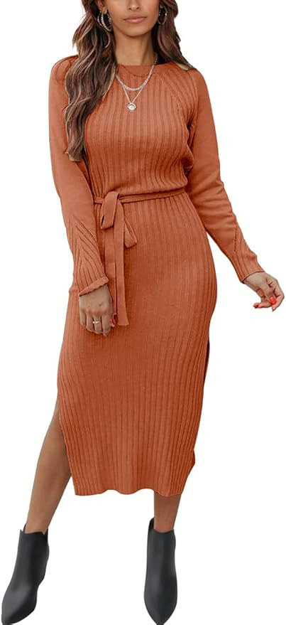 PRETTYGARDEN Women's Long Sleeve Crewneck Two Side Slit Tie Waist Slim Fit Sweater Dress Ribbed K... | Amazon (US)