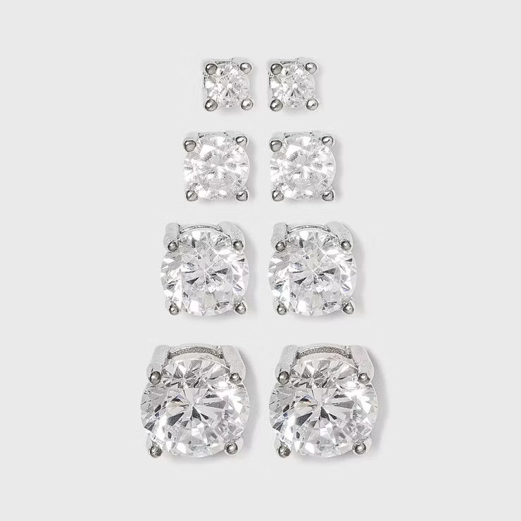 Sterling Silver Cubic Zirconia Quad Multi Size Stud Earring Set 4pc - A New Day™ Clear | Target