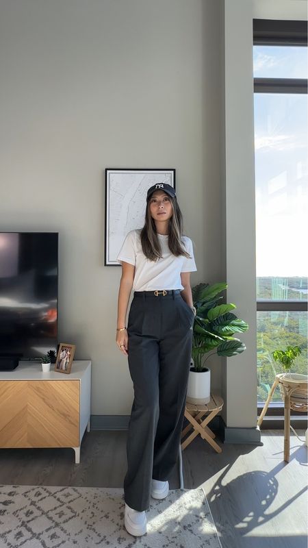 Casual chic everyday outfit // yankee hat, white t shirt, gray tailored pants, white sneakers, black belt // Parisian chic, French style

#LTKfindsunder50 #LTKstyletip #LTKfindsunder100