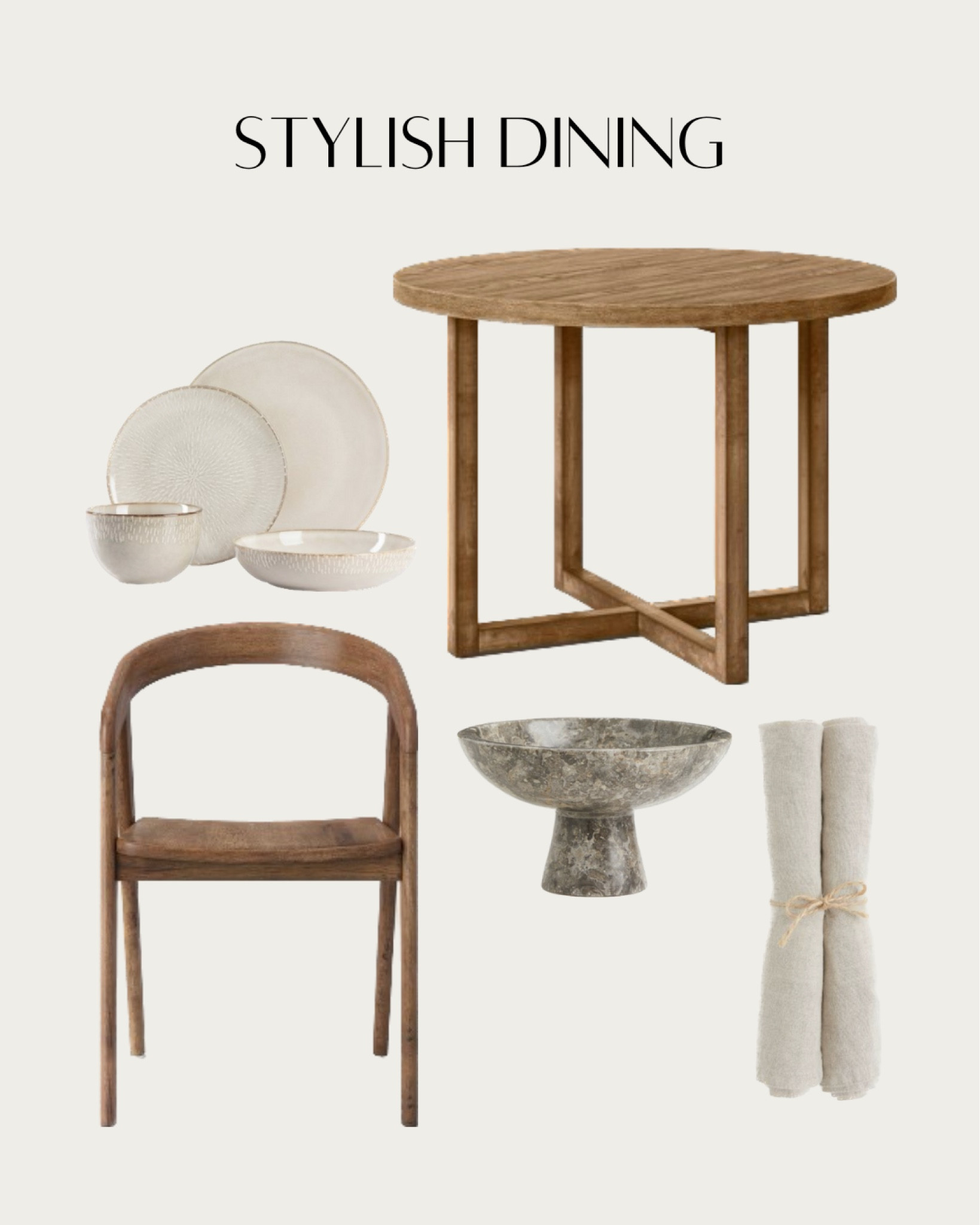 Make stylish dining with wood round dining table and chair, marble bowl, beige napkins and stoneware dinnerware. Scandinavian interior design.

#LTKhome