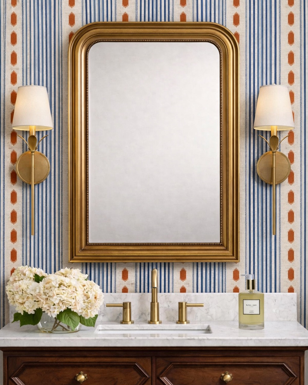 An Americana power bathroom design featuring this gorgeous blue and red wallpaper! 

#LTKSaleAlert #LTKHome #LTKdayinmylife