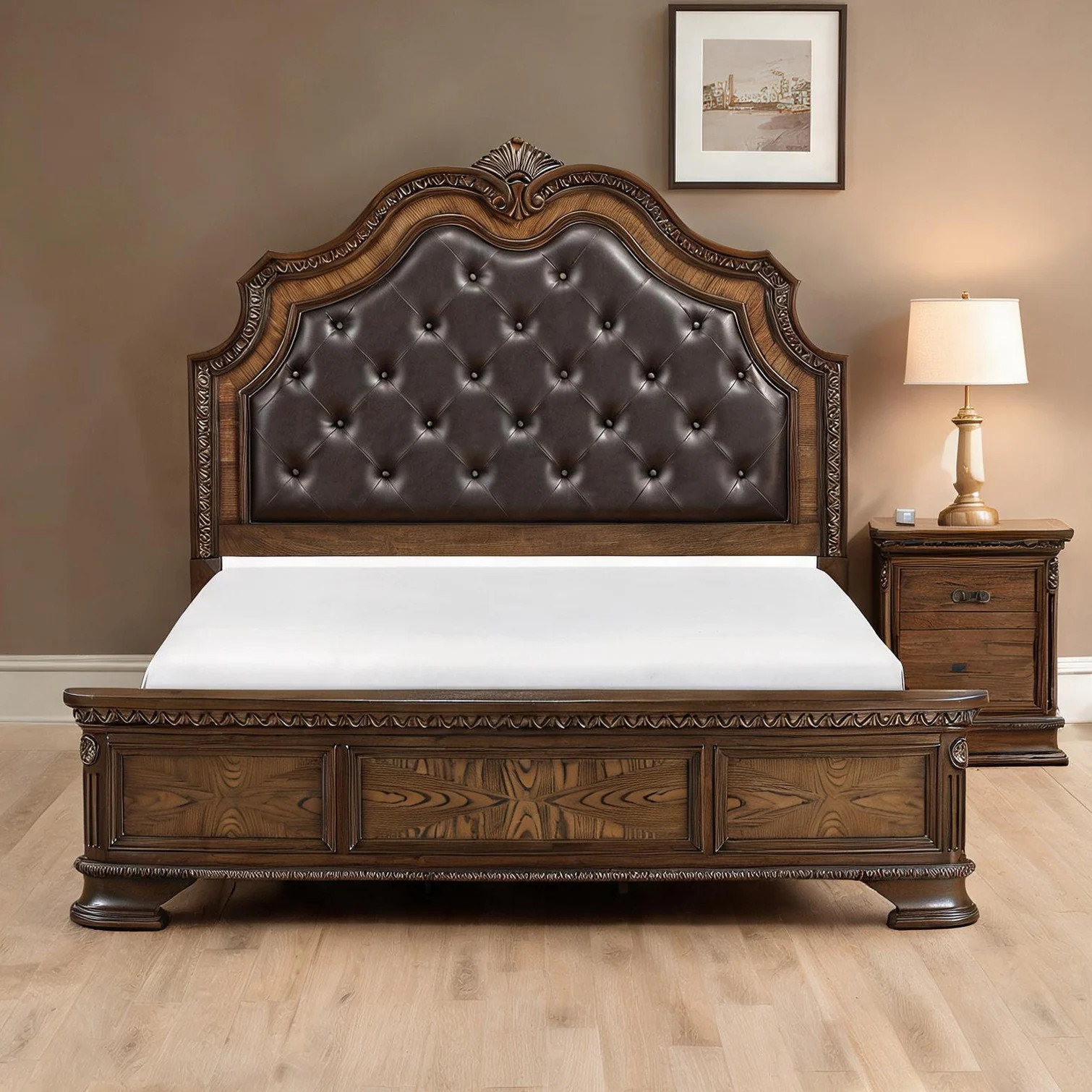 SunJet King Upholstered Bed with Tufted Headboard Classic Brown Wood Traditional Bedroom one_size | P571TS4L67ZZ | Lowe's