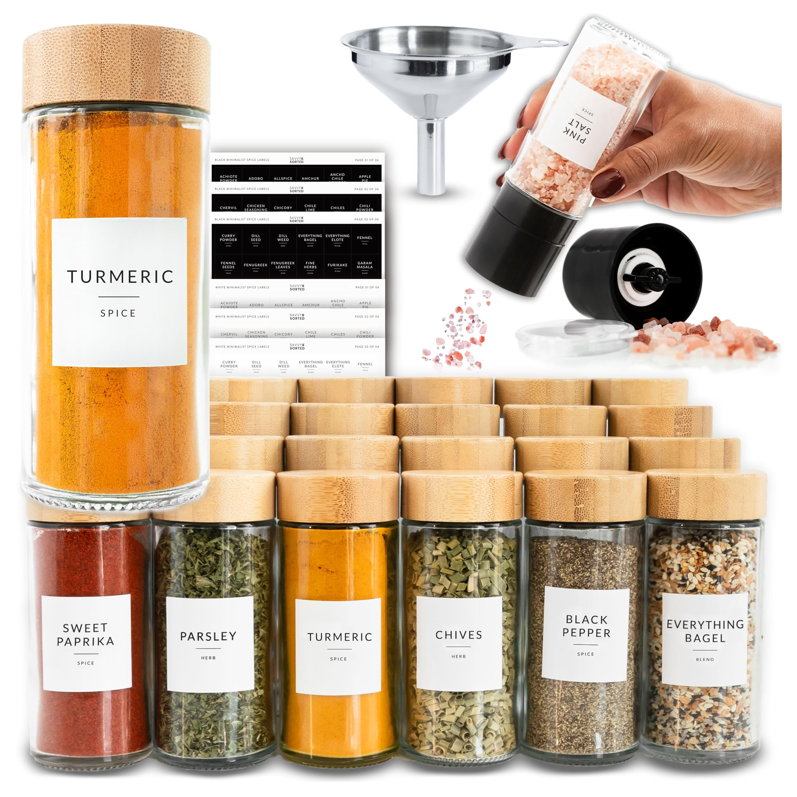 SAVVY & SORTED Glass Spice Jars with Label, 24PK Round Bamboo Jar Spices Set 4oz, 374 Spice Label... | Amazon (US)